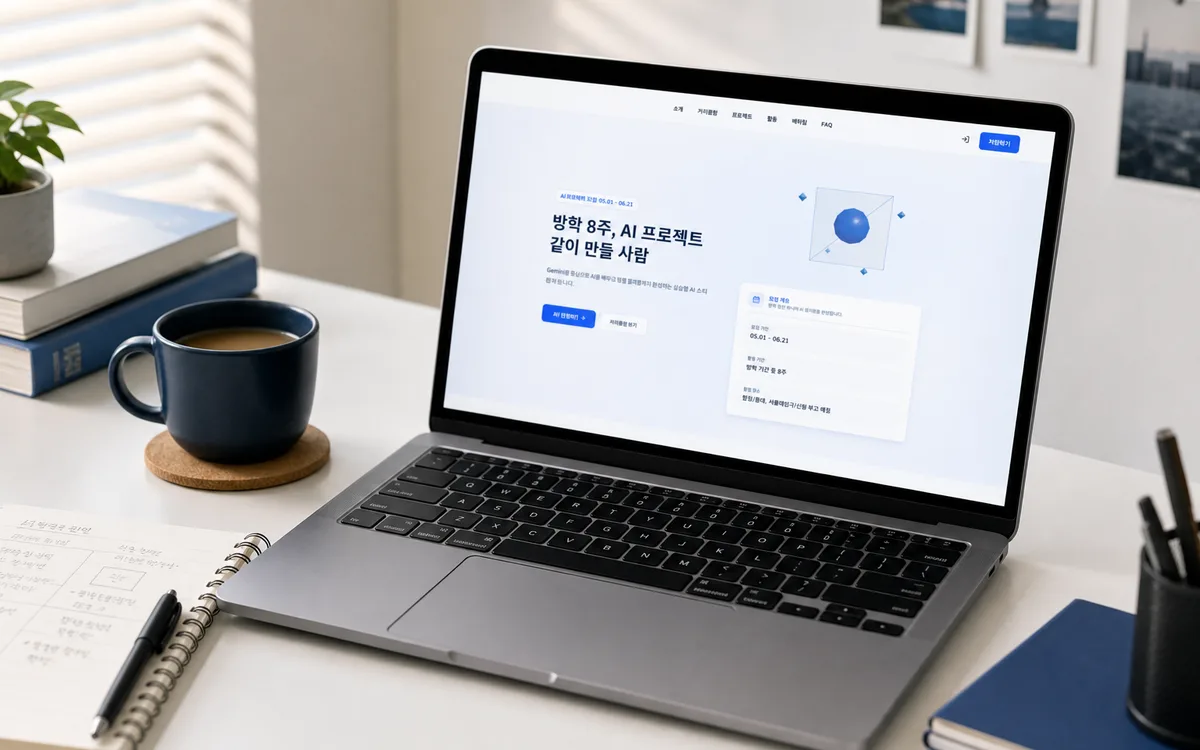 노트북 위에 개인 웹사이트 화면과 작업 노트가 놓인 프로젝트 목업